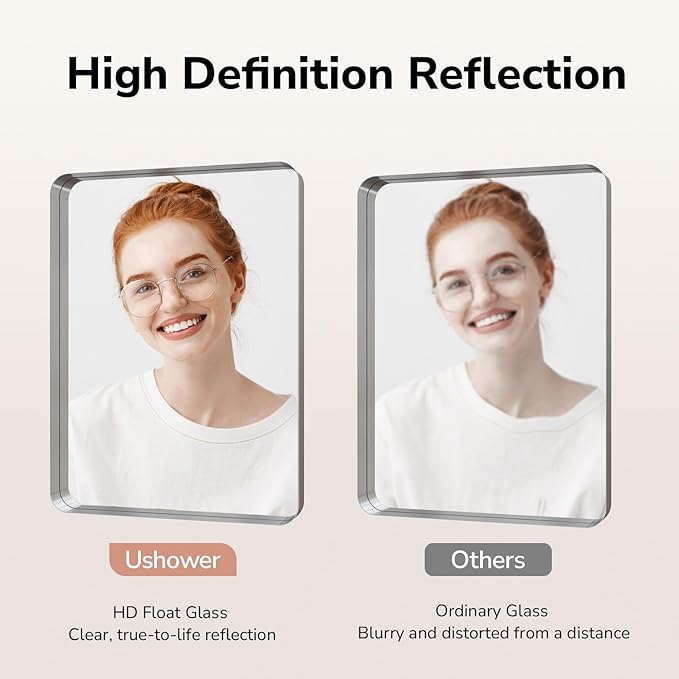 USHOWER Brushed Nickel Bathroom Mirror 22"x30", Silver Rectangle Mirror for Over Sink, Rounded Corner, Aluminum Frame, Anti-Rust, Tempered Glass, Horizontal or Vertical Mounted