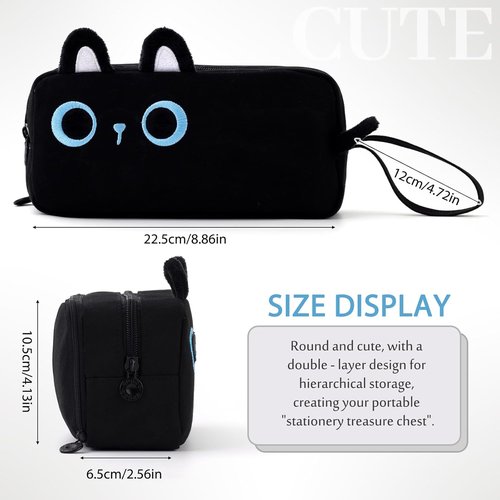CICIMELON Large Capacity Cartoon Pencil Case - Embroidered Animal Design for Kids & Teens | Black Cat