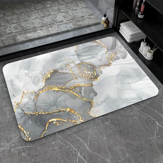 Diatomaceous Earth Bath Mat,Gold Grey Marble Non-Slip Volume Super Absorbent Fast Drying for Bathroom Kitchen Door mat,Eco-Friendly Easy to Clean 20×31Inch(50 * 80cm)