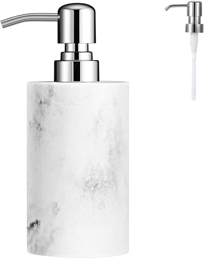 Luxspire Soap Dispenser, Cylinder-Shaped Marble Lotion Liquid Soap Pump Bottles, Refillable Shampoo Container, Decorative Hand Soap Resin Jar for Bathroom, Kitchen - White Marble