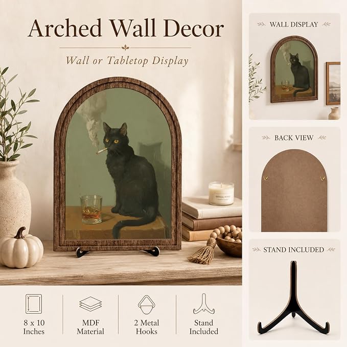 Wooden Sign with Stand Decoration, Black Cat Decor Arched Wooden Frame Tabletop Sign, Vintage Gothic Cat Portrait Shelf Decor for Bedroom Living Room Desk Bookshelf Mantel Office