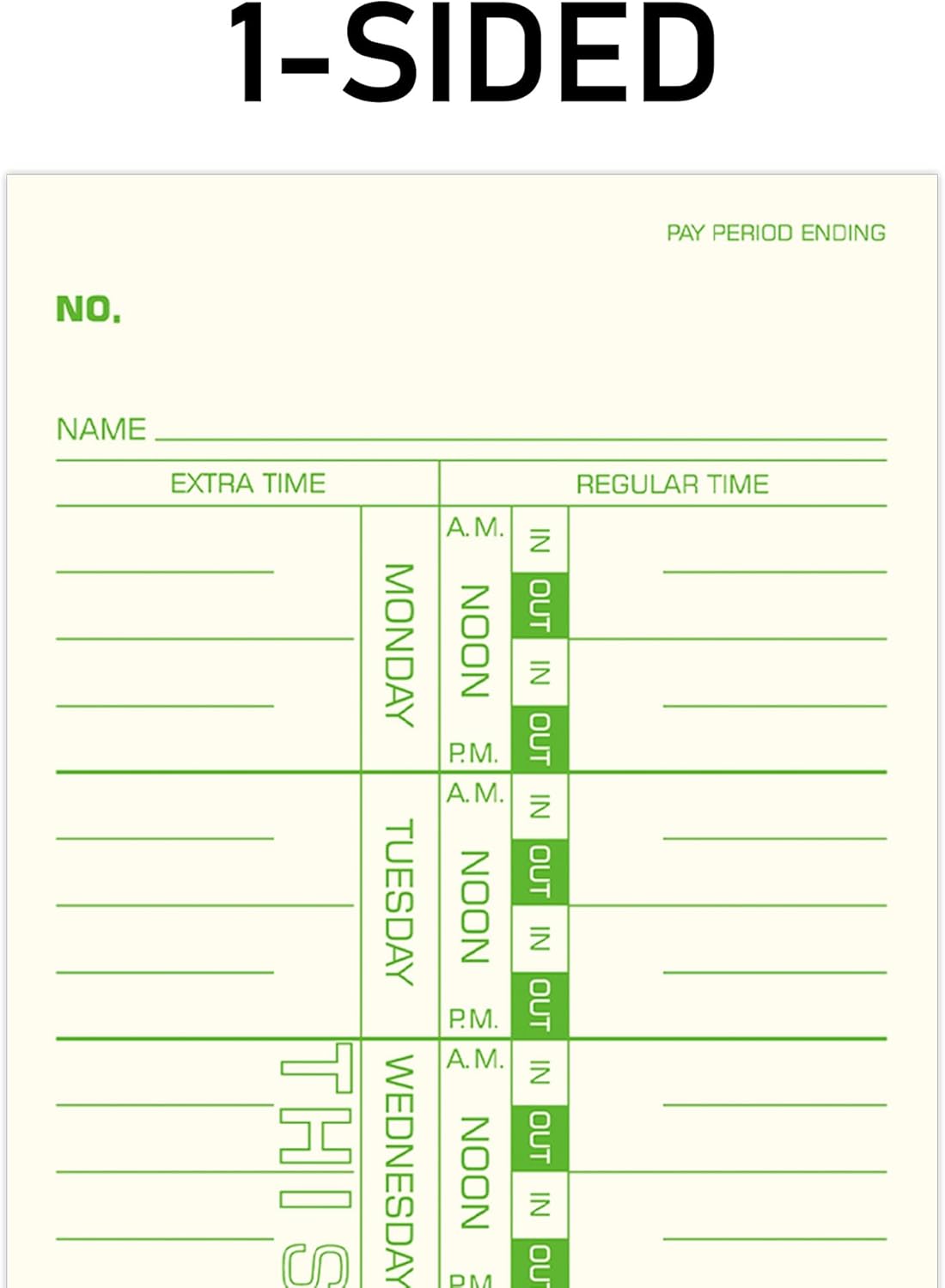 Weekly Time Cards - 1-Sided, 3.5" x 9", Named Days, 100-Count | Green Print for Time Clocks