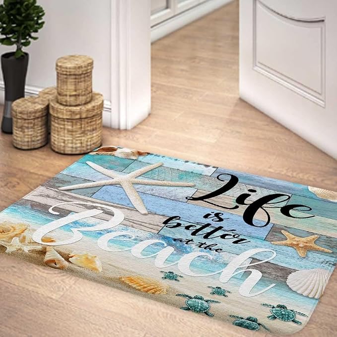 Beach Starfish Sea Shell Ocean Bathroom Rugs Mat, Non Slip Rustic Beach Bath Rugs for Bathroom, Durable Rustic Wooden Flannel Mat Rug, Absorbent Water Clearance Mats for Laundry Room Kitchen,16X24