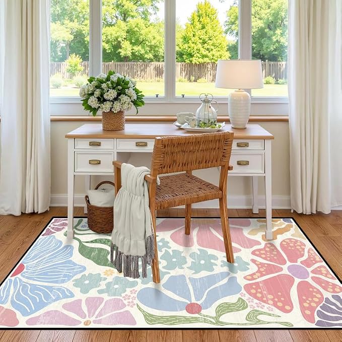 Floral Area Rug Modern Abstract Rug Pastel Flower Print Carpet Colorful Bohemian Plant Rugs for Entryway Bedroom Living Room Nursery Kitchen Playroom Home Decor,3'x5'