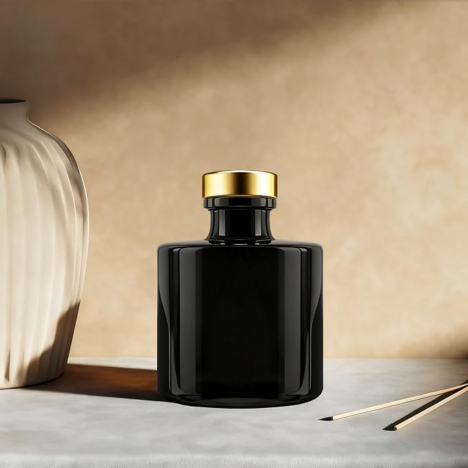 Black Glass Diffuser Bottles Round Diffuser Jars with Gold Caps Set of 4 – 2.95 inches High, 100ml 3.4ounce. Fragrance Accessories Use for DIY Replacement Reed Diffuser Sets.