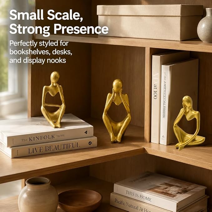 Gold Thinker Statue Set of 3 - Abstract Resin Figurines for Home Decor, Modern Art Sculpture for Office Desk, Bookshelf, Living Room, Minimalist Tabletop Decoration (5 inches)