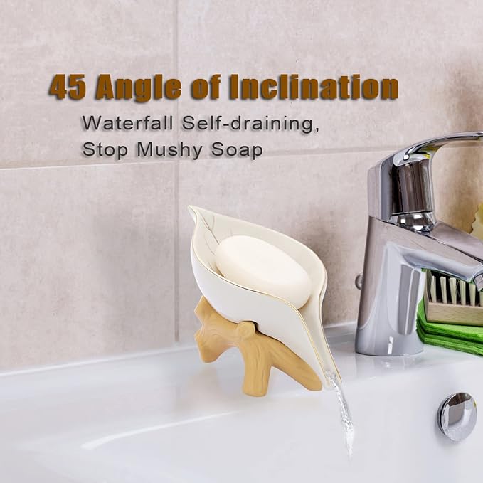 JUXYES Ceramic Soap Dish Holder Self Draining, Unique Waterfall Soap Dish Leaf Shape Decorative Soap Dish Tray Tabletop Drainable Soap Saver Bathtub Waterfall Soap Dish Holder for Bathroom Shower
