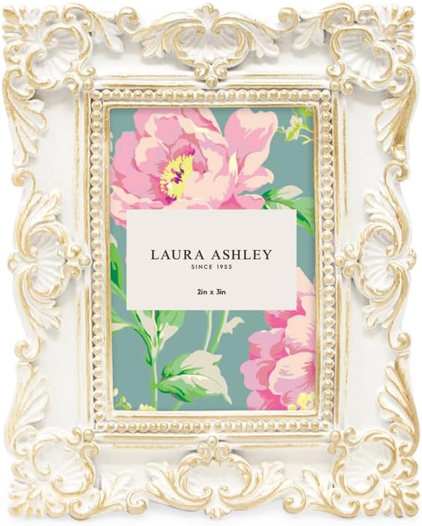 Laura Ashley 2x3 White W/ Gold Ornate Textured Hand-Crafted Resin Picture Frame with Easel, for Tabletop & Wall Display, Decorative Floral Design Home Décor, Art & More (2x3, White W/ Gold)