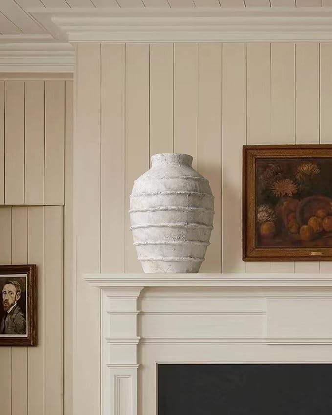 Kokrose Terracotta Vase, White Grey Rustic Farmhouse Decor, Vintage Large Pottery Clay Vase, Ceramic Flower Vases for Centerpieces, Table Top Fireplace Mantel Decor