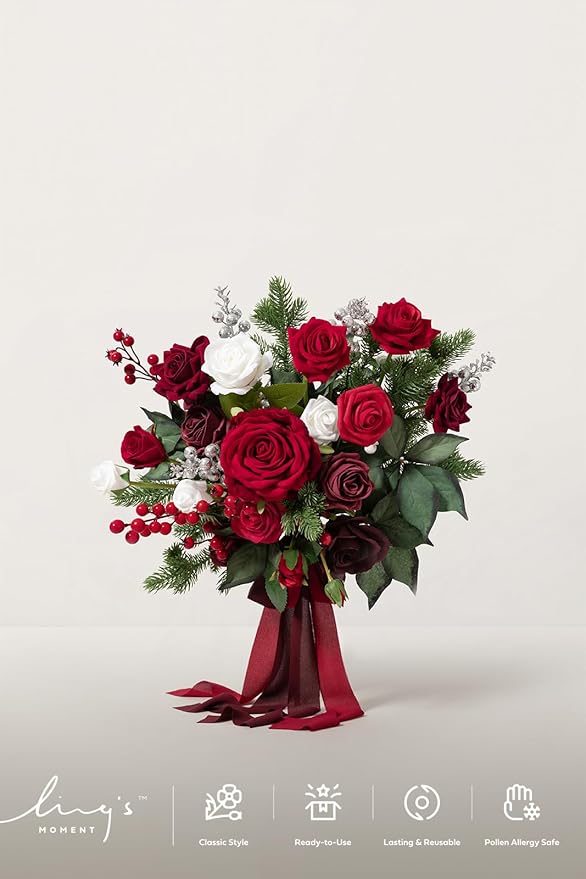 Ling's moment Christmas Red Wedding Bouquets for Bride, Xmas Winter Bridal Bouquets for Bride,13 Inch Free Form Artificial Wedding Flower Bouquet