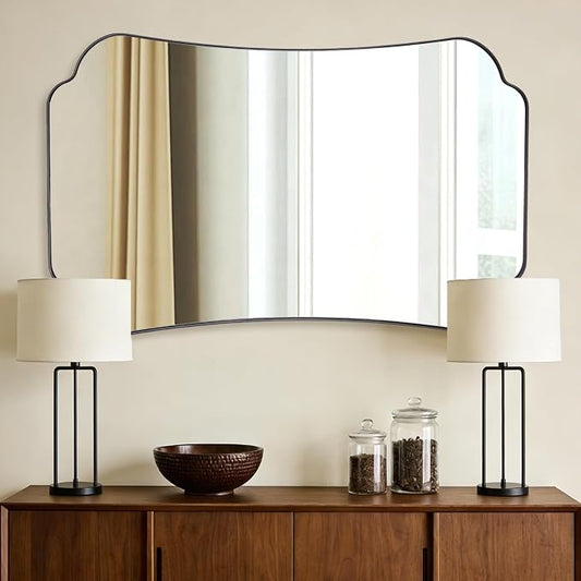 ANDY STAR Bathroom Vanity Mirror, 30x48 Matte Black Rectangle Mirror with Scalloped Round Corner, Unique Scalloped Edge Design Decorative for Powder Room