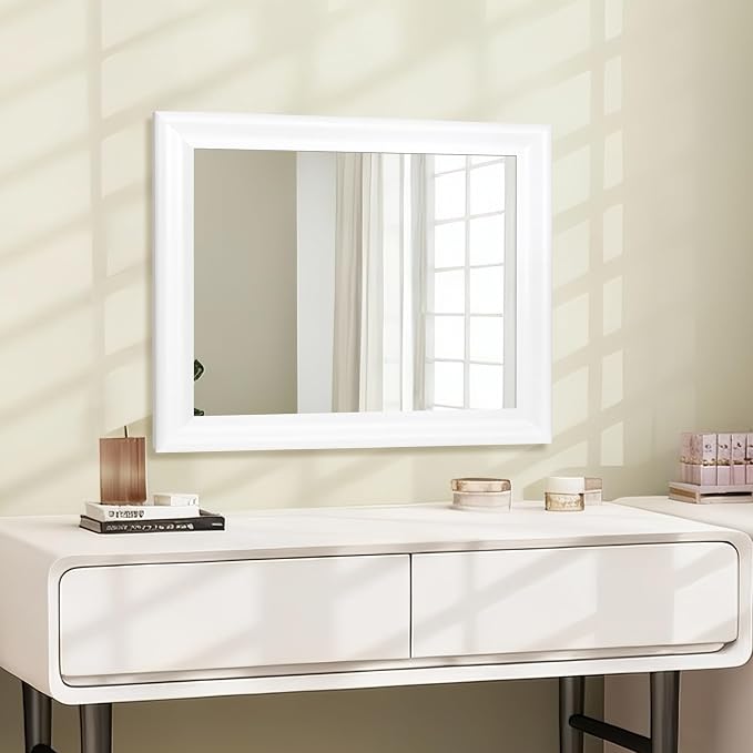 CULER White Wood Wall Mirror for Bathroom,Rectangle 20 x 16 inch Hanging Vanity Mirrors with Wooden Frame for Living Room,Bedroom,Entryway