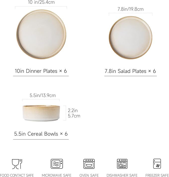 MONITO Ceramic Dinnerware Sets for 6, 18PCS Stoneware Plates and Bowls Sets, Reactive Glaze Dish Set, Chip and Scratch Resistant Double, Microwave and Dishwasher Safe, Beige