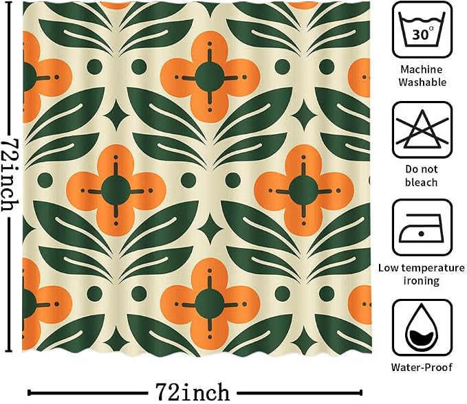 MEHOFOND Orange Floral Shower Curtain Vintage Mid Century Modern Abstract Geometric Green Plant Bathroom Curtain Boho Retro Classic 1950S 60S Bathtub Decor Fabric Waterproof Bath Curtain 72x72 Inch