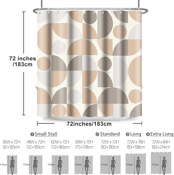 Vintage Beige and Grey Mid Century Modern Shower Curtain Boho Abstract Geometric Art Shower Curtains for Bathroom Decor 72x72 Inch Colorful Unique Pattern Washable Fabric Bathroom Set with 12 Hooks