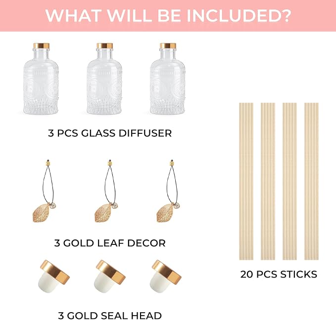 Glass Reed Diffusers Bottles for Home, Diffuser Bottles with 20PCS Reed Diffuser Sticks, Glass Bottle with Lids Apothecary Jar Flower Bud Vases, Set of 3
