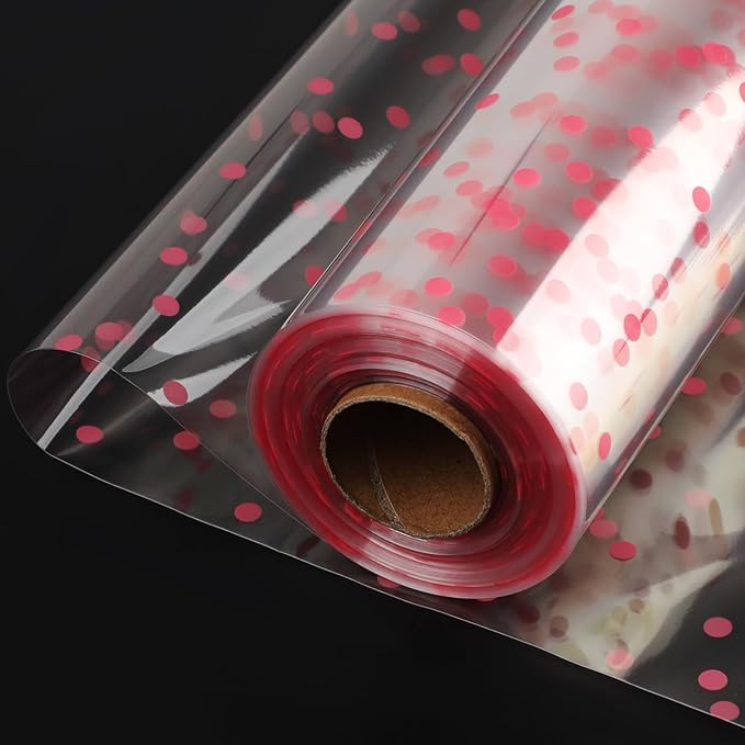 Motroce Clear Cellophane Wrap Roll, 100 Ft x 34 In Pink Dot Florist Paper Wrapper, Transparent 3Mil Thicker Cellophane Roll, Gift Baskets Wrap Cellophane Film for Gifts, Flowers, Christmas Wrapping