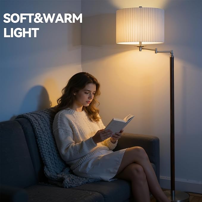 Traditional 350° Adjustable Swing Arm Farmhouse Floor Lamp for Bedroom, Modern Floor Lamps with Pleated Shade for Living Room, Rustic Standing Lamp Pole Lamps for Reading and Office