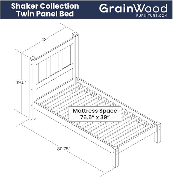 Grain Wood Furniture Shaker Solid Wood Panel Platform Bed, Twin Size, Cherry