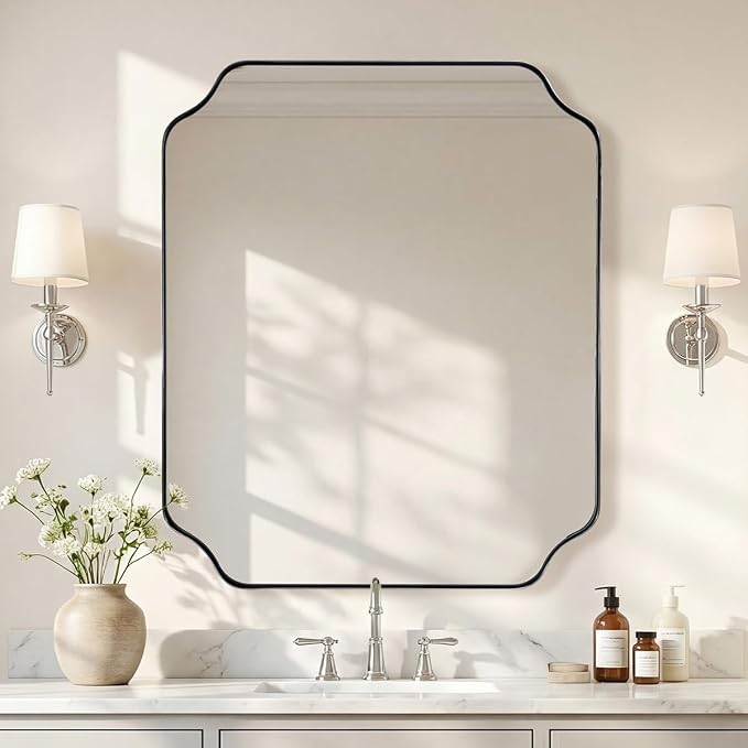 ANDY STAR 30x36 Inch Chrome Bathroom Mirror, Polished Nickel Vanity Mirror, Scalloped Mirror in Anti-Rust Stainless Steel Metal Thin Frame, Unique Rounded Notched Corners, Vertically/Horizontally