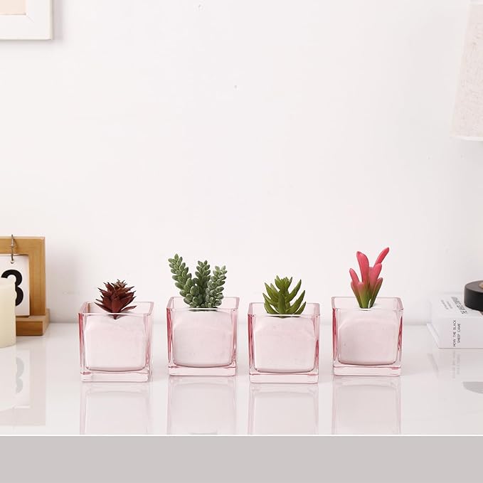 Square Flower Vases Set of 9, 3"x 3"x 3" Glass Vases for Centerpieces, Pink Vase for Flowers, Small Vase for Wedding, Party, Home Office Decoration
