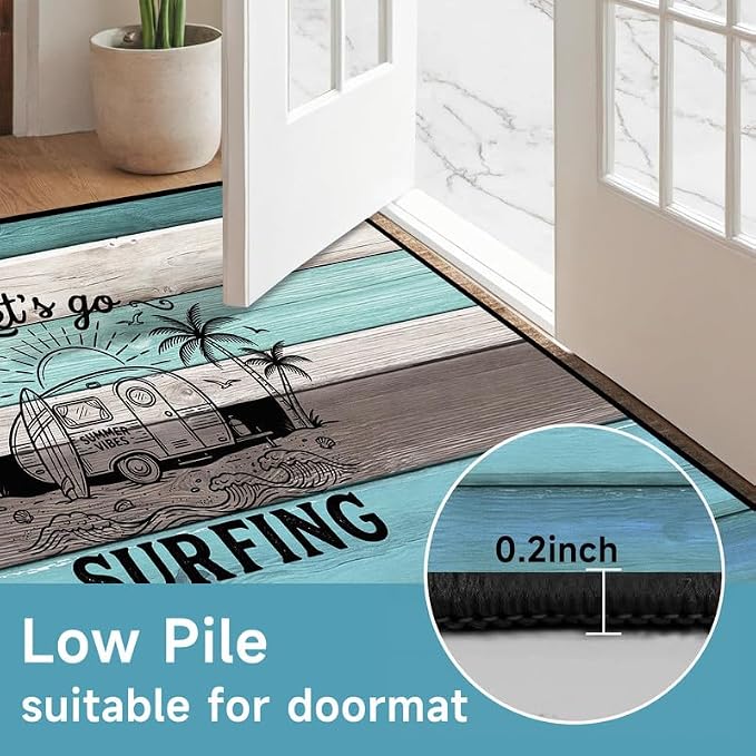 Surfing Area Rug Beach Van Palm Tree Carpet Retro Wood Grain Striped Rugs Non Slip Washable Floor Mat for Entryway Bedroom Living Room Nursery Playroom Home Decor,2'x3'