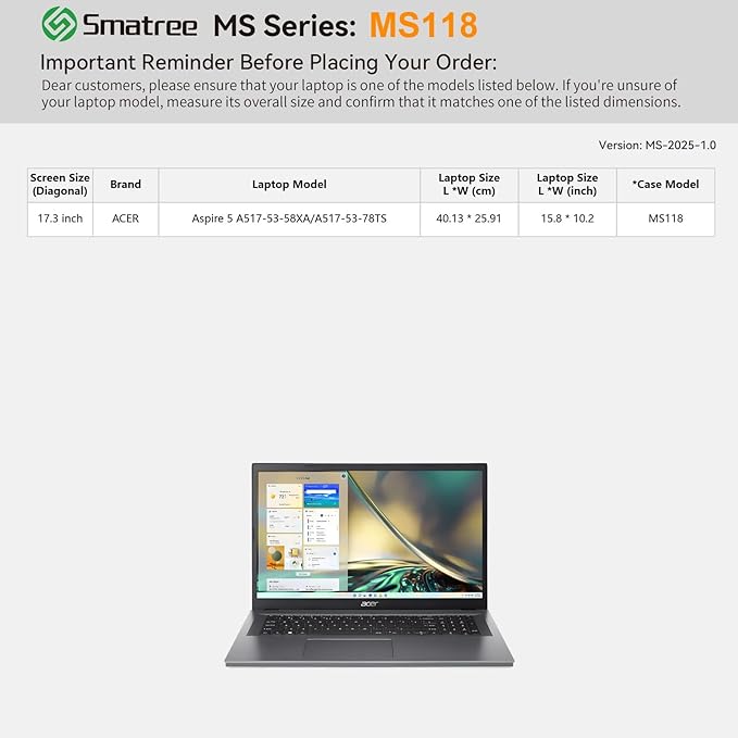 Smatree MS118 Hard EVA Protective Sleeve with Stand Compatible for 17.3 inch Acer Aspire 5 A517-53-78TS/A517-53-58XA/A517-52-75N6, for Acer Aspire 3 A317-53-57FK/A317-53-38Y1 Waterproof Case
