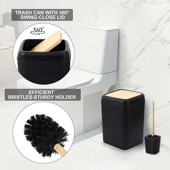 XLHOMO Black and Wood Bathroom Accessories Set 19Pcs, Bathroom Set with Trash Can and Toilet Brush, 3PCS Drill Free 17oz Soap Dispenser Wall Mounted, Toothbrush Holder and Cup, Soap Dish, Qtip Holder