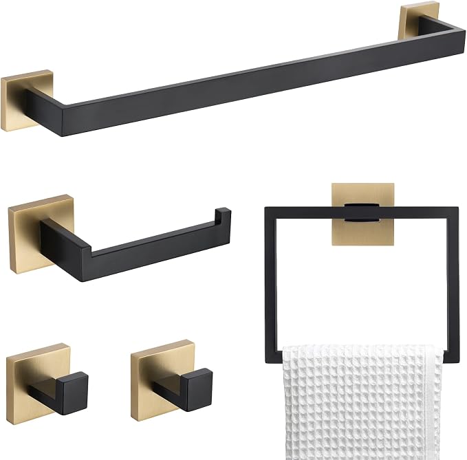 5 Pieces Bathroom Hardware Accessories Set Black and Gold Towel Bar Set,Wall Mounted Stainless Steel,23.6 Inch