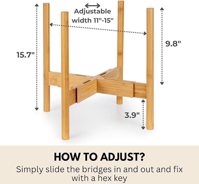 Fox & Fern Large Adjustable Plant Stand Indoor — 11 to 15 Inch Premium Mid Century Bamboo Plant Stand; Plug In Design; Easy Assembly; Two Heights - For 11, 12, 13, 14 & 15 Inch Pots (Not Included)