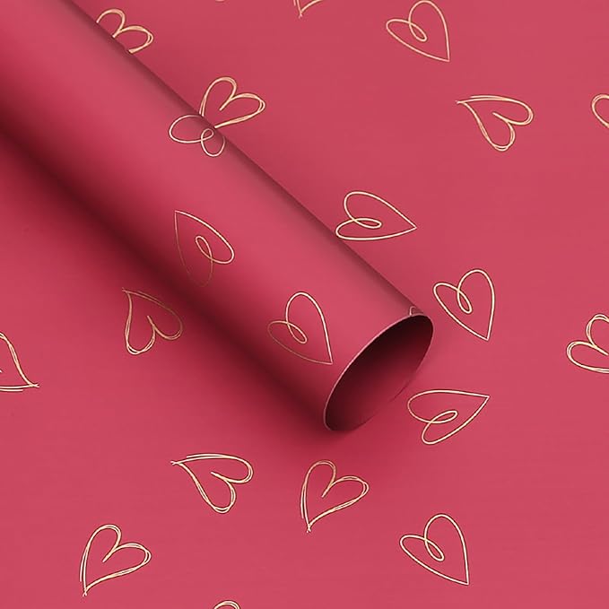 MLSG 20 Sheet Solid Color Heart Wrapping Paper - Waterproof Floral Bouquet Wrapping Paper, Florist Supplies Packaging Paper for Wedding Birthday Gift Wrap Paper (Red Gold)