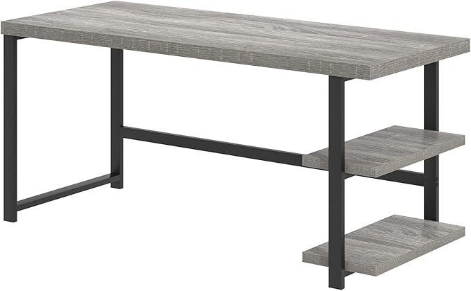 FOLUBAN 60 Inch Computer Desk, Modern Large Home Office Desk with Storage Shelves, Wood and Metal Writing Table Study Gaming Desk Workstation for Living Room, Industrial Light Grey