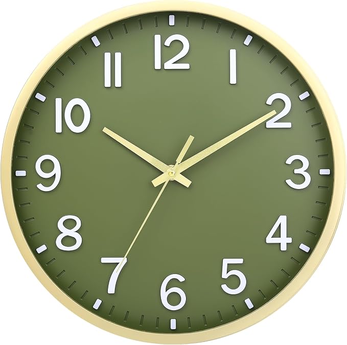Wall Clocks Battery Operated 8 inch Modern Wall Clock,Silent Non Ticking Wall Clock for Living Room Bedroom Kitchen Office Classroom Decor (Green Gold)