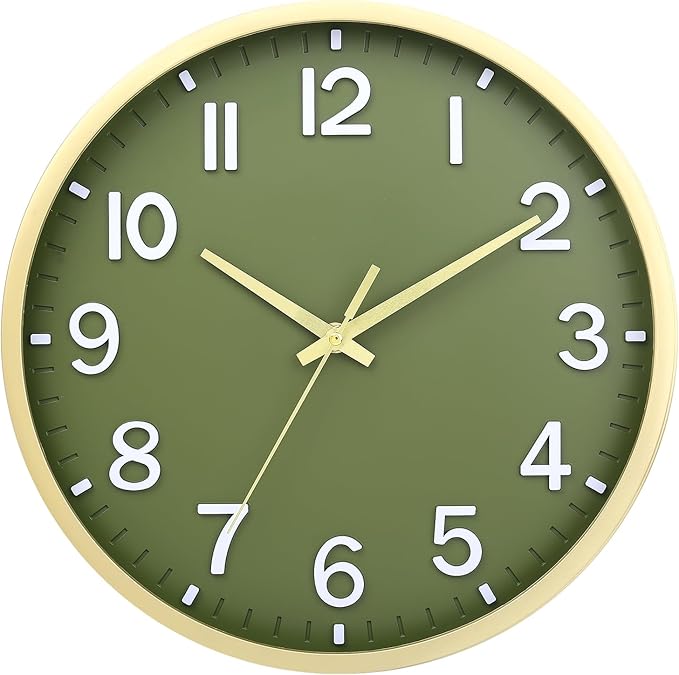 Wall Clocks Battery Operated 12 inch Modern Wall Clock,Silent Non Ticking Wall Clock for Living Room Bedroom Kitchen Office Classroom Decor (Green Gold)