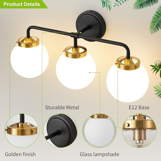 Black Gold Bathroom Light Fixtures Over Mirror, 22.4'' Modern Vanity Lighting with White Glass Globe Shade 3-Light Farmhouse Wall Sconce