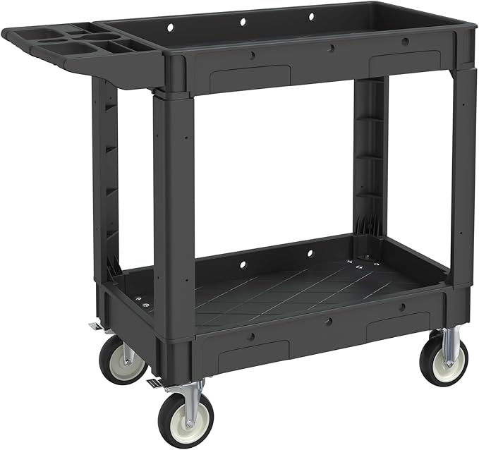 Utility Cart on Wheels, 2 Shelf Heavy Duty Plastic Rolling Cart, 550 lbs Capacity Carts with Wheels for Warehouse, Garage, School, Kitchens, Office (Black, 40.6)