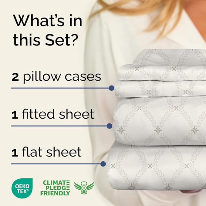 Floral Sheets - Neutral Floral Bed Sheet Set - 1 Flat & 1 Fitted & 2 Pillowcases w/ Deep Pockets - Comfy, Wrinkle & Fade Free Boho Botanical Bedding - Ultra-Soft, Breathable & Cooling - Queen Size