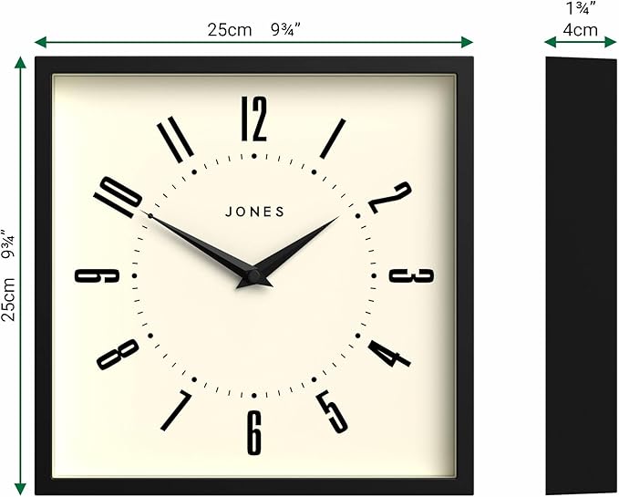 JONES CLOCKS® Box wall Clock | Retro Square | 10 inch | Black | Easy to Read Numbers | Perfect Kitchen or Office Clock