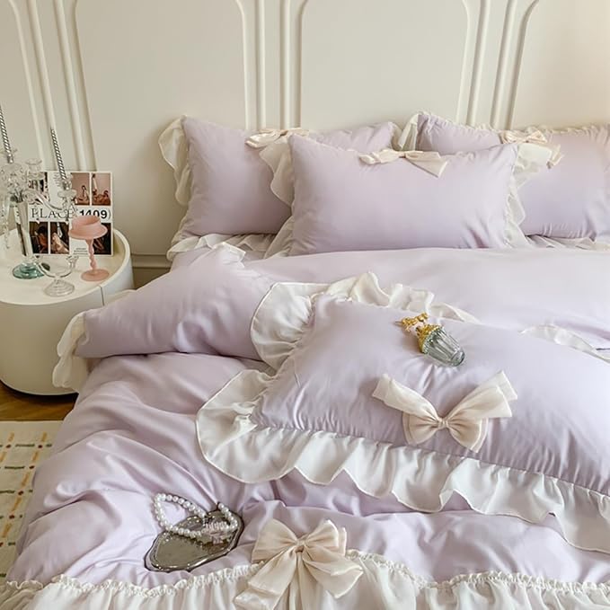 Girls Lace Bedding,Purple Queen Comforter Cover Set, Chic Ruffled Duvet Cover with Lovely Bow,Princess Style 1 Duvet Cover with 2 Pillowcases, No Comforter,Purple,Queen Size