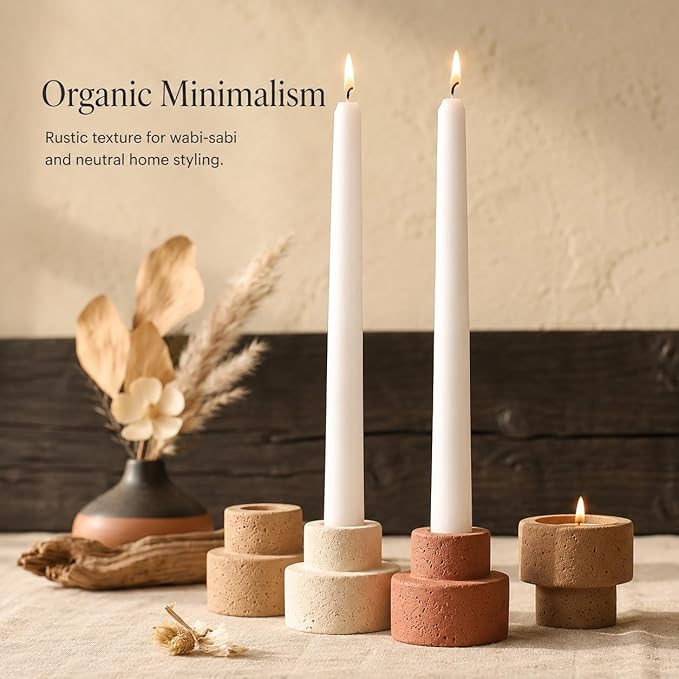 Set of 6 Concrete Candle Holders - Reversible Faux Travertine for 7/8" Taper & 1.5" Tealights, Stackable Heavyweight Minimalist Table Decor with Neutral Colors, Candles Not Included