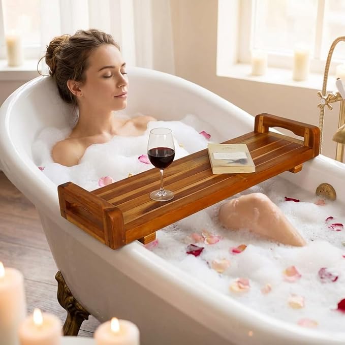EcoDecors, 34 inch, with LiftAid Handles, Bath Tray for Tub, Bath Tub Tray Wood, Bathtub Table, Caddy for Bathtub in Natural Teak