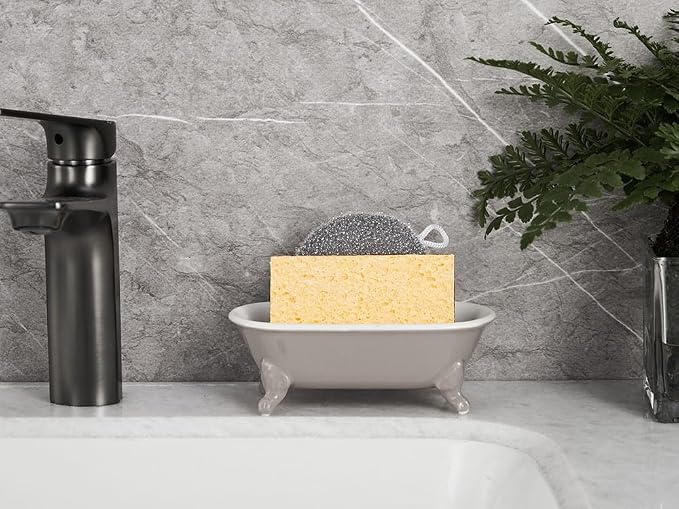 6.5" Ceramic Mini Decorative Clawfoot Bathtub Bar Soap Dish, Kitchen Sponge Holder and Shower Tray for Bathroom, 1 Pack(Taupe)