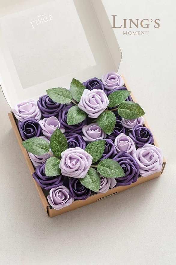Ling's moment Artificial Wedding Flowers 1.5" Rose Buds and 2" Petite Roses 25pcs Lilac & Purple w/Stem for DIY Wedding Boutonniere Wrist Corsages Bouquets Centerpieces Arrangements