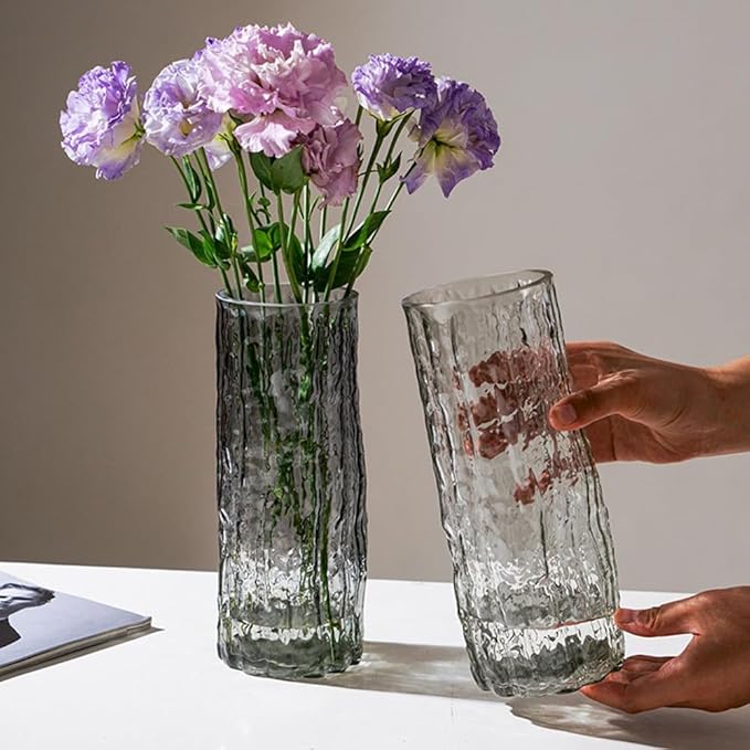 Clear Glass Vase Cylinder 7" Ribbed Thickened Flower Vase Crystal Vase for Modern Centerpieces Home Decor Living Room Bedroom Dining Table Office Wedding Decoration Gift (Clear)
