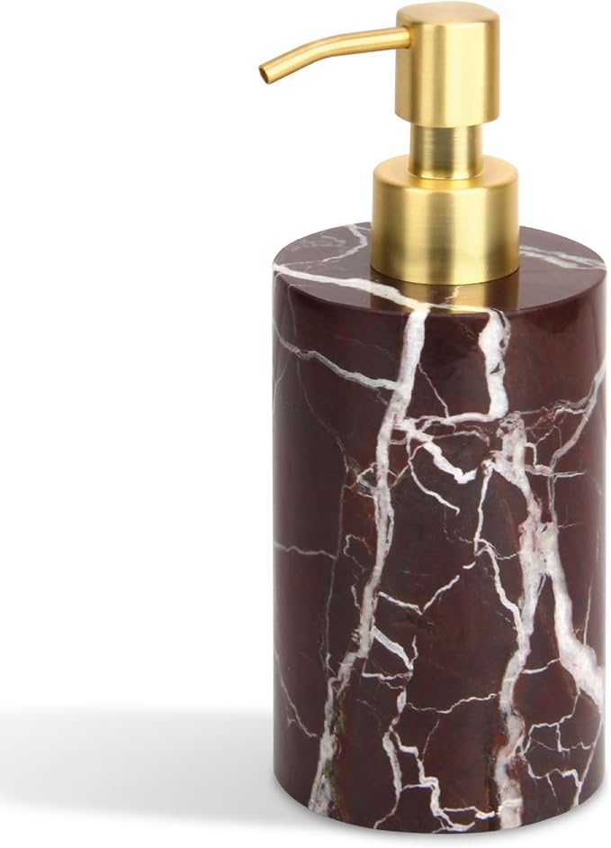 Natural Marble Soap Dispenser for Bathroom and Kitchen Countertop - 5.41 Ounces Hand Lotion and Liquid Stone Shampoo Laundry Bottle with Pump (1, Rosso Lepanto, Cylindrical Bottle)