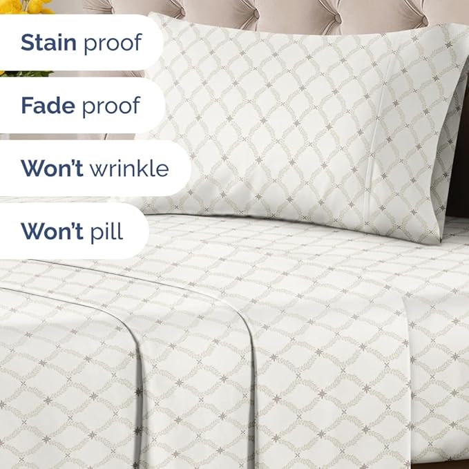 Floral Sheets - Neutral Floral Bed Sheet Set - 1 Flat & 1 Fitted & 1 Pillowcase w/ Deep Pockets - Comfy, Wrinkle & Fade Free Boho Botanical Bedding - Ultra-Soft, Breathable & Cooling - Twin Size