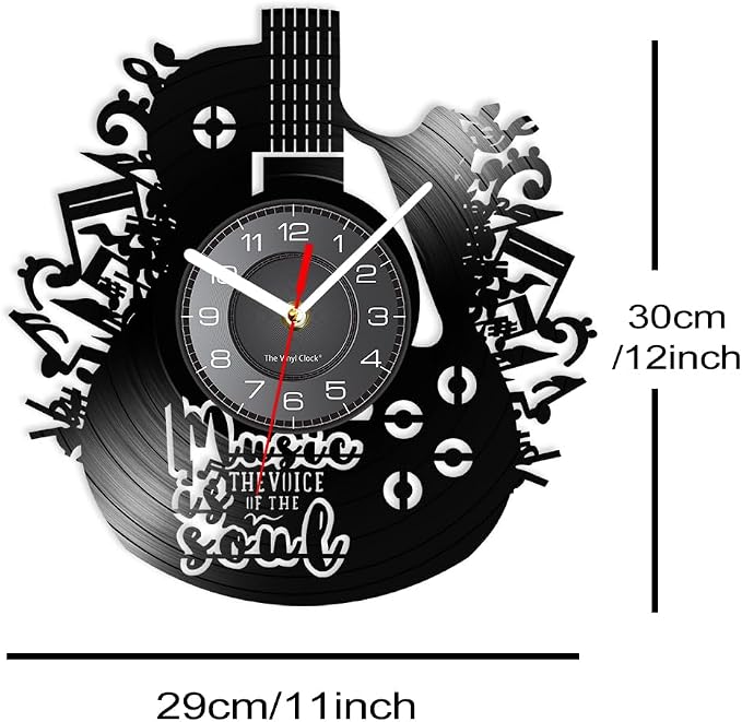 12 Inches Guitar Unique Music Vinyl Record Wall Clock Battery Operated Silent Quartz Non-Ticking, Rock n Roll Hanging Wall Clock Watch Music Gift for Rock Band Singer Idol Man Cave Bedroom