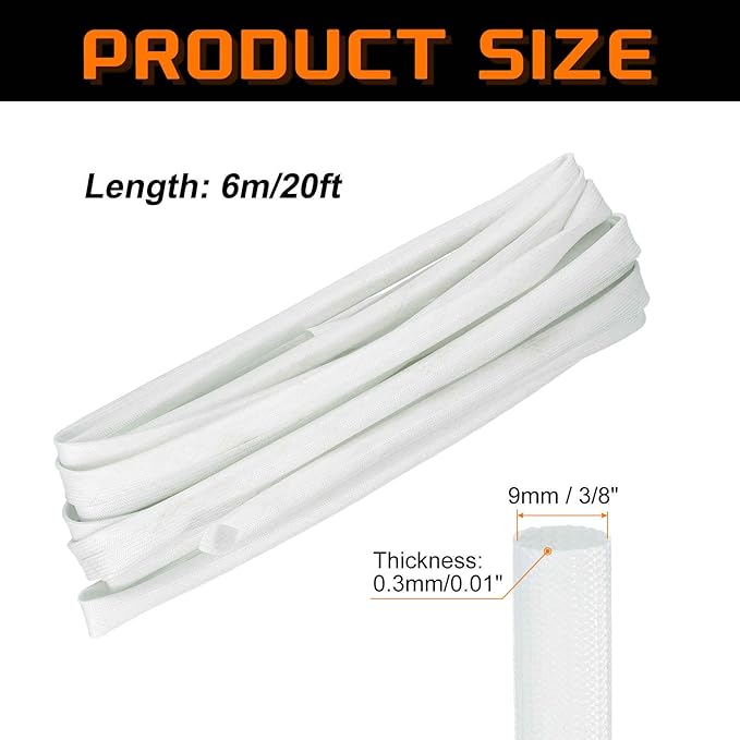 MECCANIXITY 20ft Braided Cable Sleeve, 3/8" ID 200C High Temperature 1500V Fiberglass Wire Insulation Cord Protector Organizer Wires Management for Motor Engine Fuel Line, White