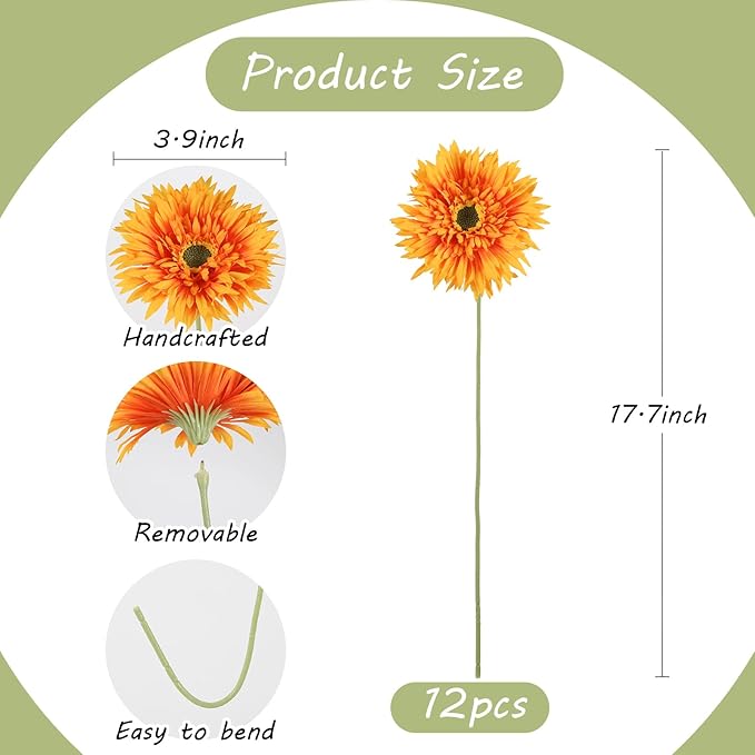 12pcs Artificial Gerbera Daisies 17.7’’ Orange Fake Daisy Flowers Faux Silk Flowers with Stems for Wedding Home Kitchen Party Garden Indoor Decoration(Orange)