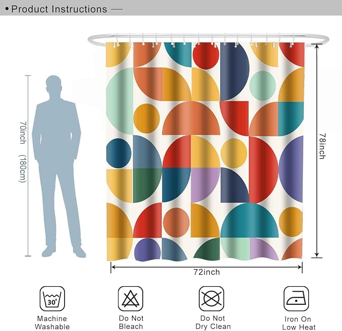 Vintage Colorful Rainbow Mid Century Shower Curtain Modern Abstract Geometric Art Bathroom Curtain Decor 72x78 Inch Washable Fabric Bright Retro Boho Circle Patterned Bath Curtain with 12 Hooks